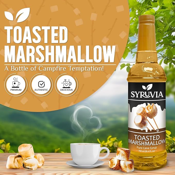 Syruvia Coffee Syrup, Toasted Marshmallow Flavored Syrup for Drinks, Lattes, and Desserts – 25.4 fl oz - with Pump