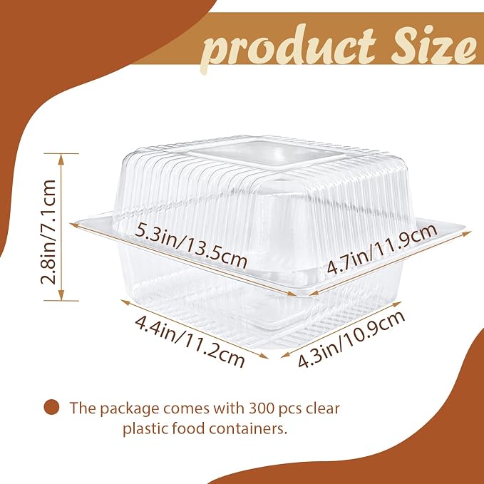 Jizvxe 300 Pcs Clear Plastic Take out Containers,Square Hinged Takeout Tray,Disposable Fancy Clamshell Food Boxes with Lids for Cakes,Dessert,Salads,Sandwiches,Cookies,Pasta,5.3x4.7x2.8 Inch