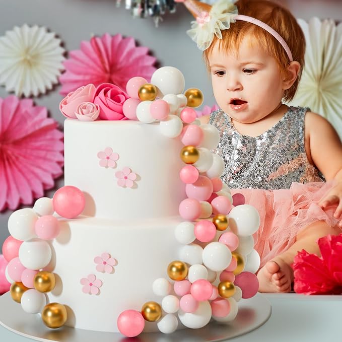 ASTARON 32 Pcs Ball Cake Topper Decorations Mini Balloons Cake Topper Sticks Foam Balls Cake Picks Cake Topper Balls Cake Decorations for Wedding Party Birthday Cake Decorations (Rose gold，Pink)