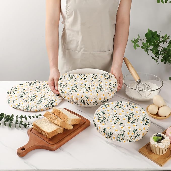 Reusable Bowl Covers for Bread Proofing Baking Embroidered Daisy Linen Cotton Cloth Fabric Washable with Elastic Cover for Food Fruit Salad Eco-friendly (Beige Daisy Field)