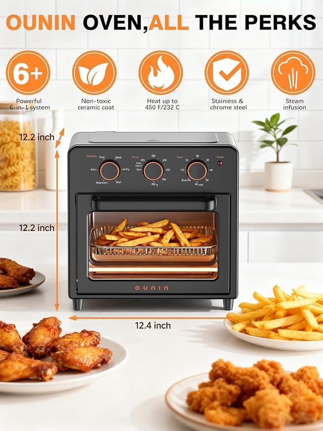 OUNIN Air Fryer Toaster Oven with Steam Infusion, 12 QT Compact Countertop Oven, 6-in-1 Stainless Steel Combo Bakes, Broils, Grills & Warms, Fast Preheat, 60-Minute Timer – Small Kitchen Friendly