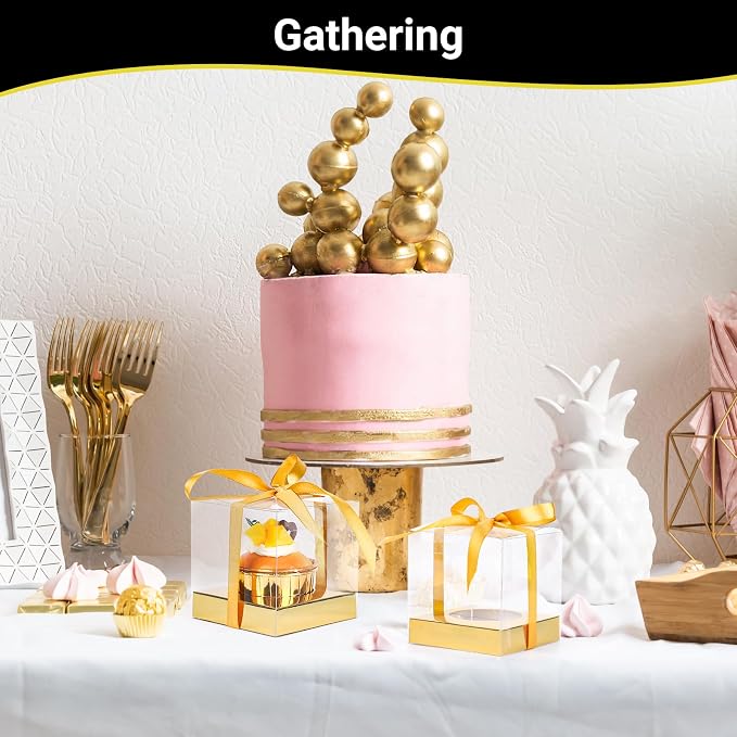 EUSOAR Gold Tall Cupcake Boxes, 12pcs 3.5 Inch Plastic Individual Cupcake Containers, Single Transparent Cup Cake Holder Carrier with Ribbon, Cake Containers with Lids for Wedding Birthday Party Favor