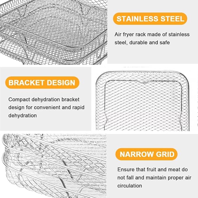 3 layer Square Air Fryer Rack, Stainless Steel Dehydrator, Air Stainless Steel Dehydrator Grill Enhanced Airflow Design Air Fryer Rack for Chicken Wings Vegetables Dual Cakes (Square Set)