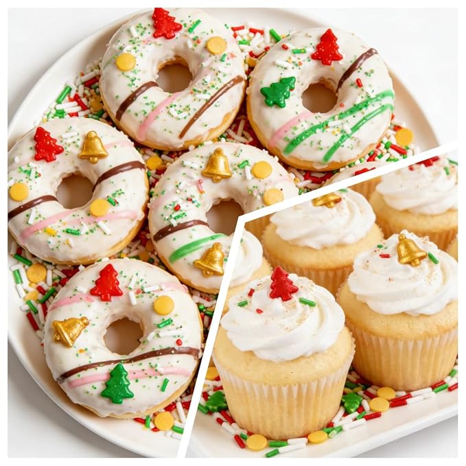Edible Jimmies Sprinkles for Cake Decorating, 150g/5.29oz, Green & Red Tree Sprinkles, Gold Bell Yellow Nonpareils & White Sugar Mix, Cookies Cupcake Decorations, Baking Party Birthday Supplies