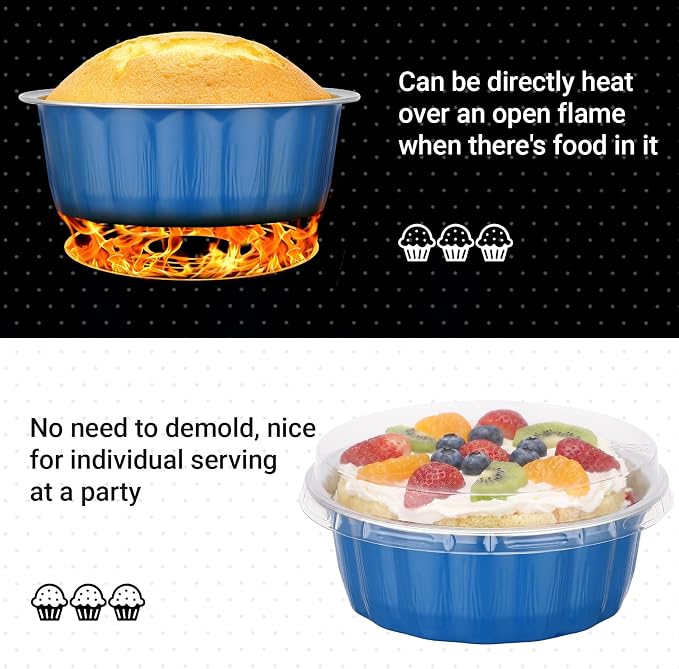 Beasea 8 oz Disposable Ramekins with Lids, 50 Pack Aluminum Cups for Baking, Aluminum Foil Baking Cups with Lids, Creme Brulee Muffin Cupcake Mini Pudding Foil Ramekin for Party Wedding - Moon Blue