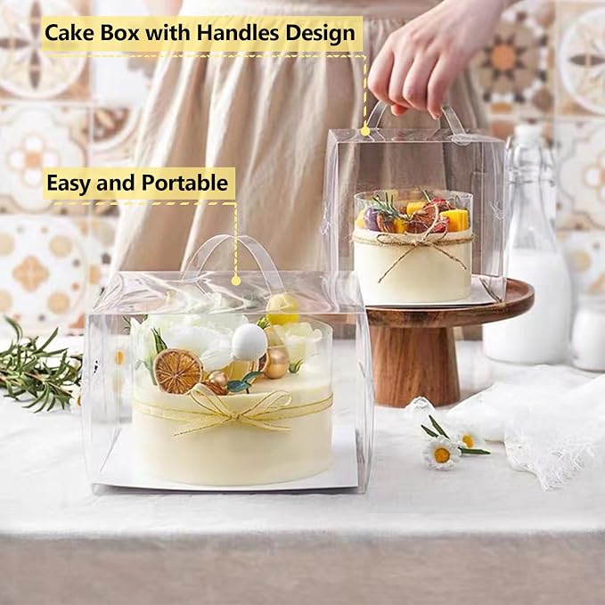 CYEAH 30Pcs Clear Cake Box, 6 x 6 x 5 Inch Bento Cake Box with Handle, Clear Gift Boxes with Ribbons & Stickers for Cake, Bakery Boxes Packaging Carriers for Cookie Candy Wedding Party