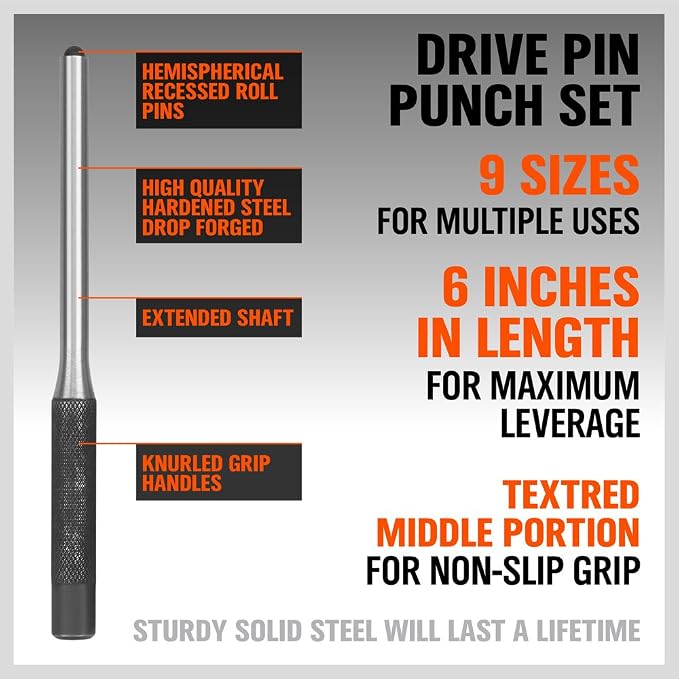 HORUSDY 9 Pieces Roll Pin Punch Set, Removing Repair Tool with Holder for Automotive, Watch Repair, Jewelry and Craft