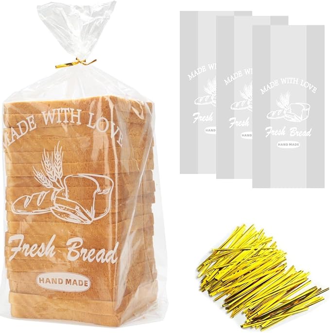 Bread Loaf Packing Bags with Ties, Printed Large Bakery Homemade Bread Plastic Bags, 8” x 4” x 18”,40 Pack, Printed Container Reusable Adjustable