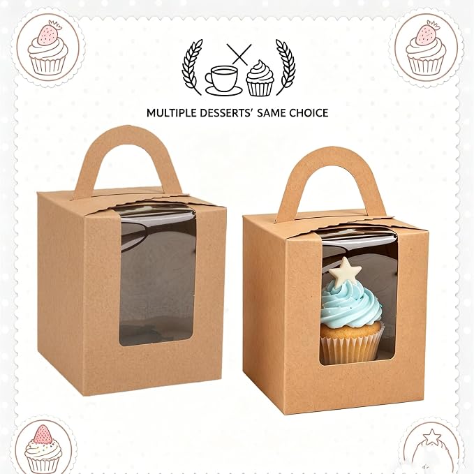 120 Pack Single Cupcake Box, Kraft Paper Individual Cupcake Container with Window Inserts, Brown Cupcake Packaging Box with Handles for Muffin, Cocoa Bomb, Party Favor Pastry Treat Boxes