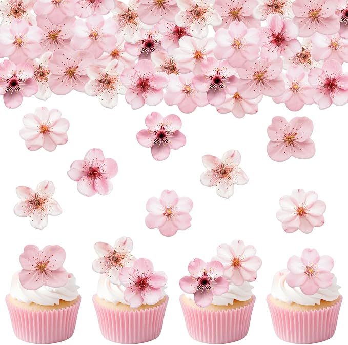 70PCS Edible Cherry Blossoms Cupcake Toppers Pink Edible Cherry Flowers Cake Decorations Wafer Paper Flowers Cupcake Topper for Flowers Theme Birthday Party Decor Supplies NOT REAL FLOWERS