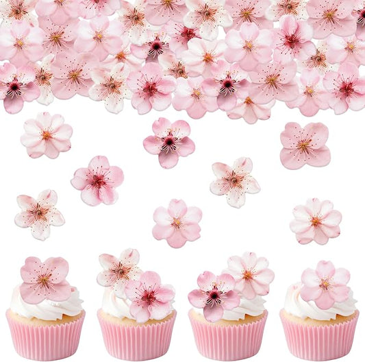70PCS Edible Cherry Blossoms Cupcake Toppers Pink Edible Cherry Flowers Cake Decorations Wafer Paper Flowers Cupcake Topper for Flowers Theme Birthday Party Decor Supplies NOT REAL FLOWERS