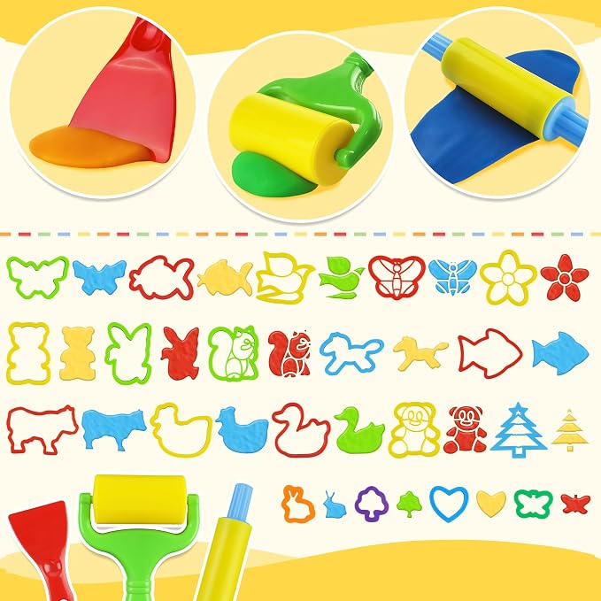 Dough Tools with 40 pcs Plastic Dough Cutters Animal Shapes, 3 pcs Basic Dough Tools