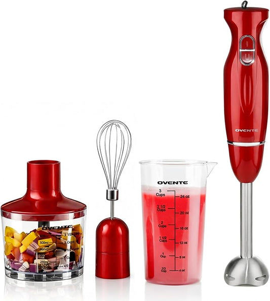 OVENTE Immersion Hand Blender Set, 300W Electric Handheld Stick Mixer, 2 Mixing Speeds with Stainless Steel Blades, Egg Whisk, Beaker & BPA-Free Food Chopper, Red HS565R