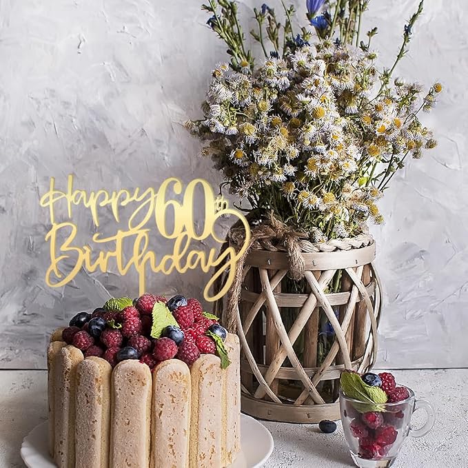 Happy 60th birthday cake Topper,Mirrored Gold Acrylic Durable Cake Topper,60th Birthday Party Cake Decorations,Hello 60th years old, Happy sixty years old, Birthday Party Decorations