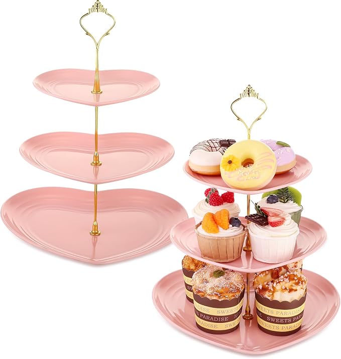 Layhit 2 Pack Wedding 3 Tier Cupcake Stand Heart Shaped 3 Tiered Serving Trays for Party Plastic Tray Dessert Cupcake Stand for Tea Party Baby Shower Wedding (Pink)