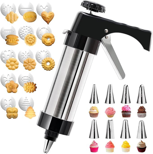 Cookie Press Gun Kit, Stainless Steel Spritz Cookie Press with 13 Discs & 8 Icing Piping Tips, Baking Cookie Maker, Icing Decorating Gun for Cookies Cakes Pastry Dessert Baking Decoration