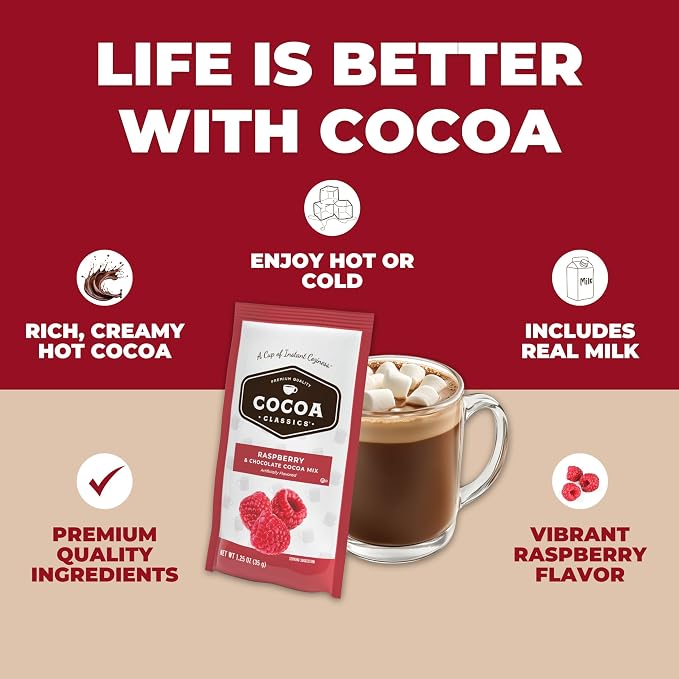 Cocoa Classics Raspberry Cocoa Mix, Hot or Iced, 1.25oz, 36 Pack | Raspberry cocoa mix with sweet, fruity flavor and chocolate notes; just add water for hot or iced cocoa with smooth taste