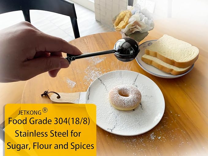 JETKONG Powdered Sugar Shaker Duster Flour Dispenser Shaker with 18/8 Stainless Steel Spring-operated Handle for Sugar Flour and Spices (Black)