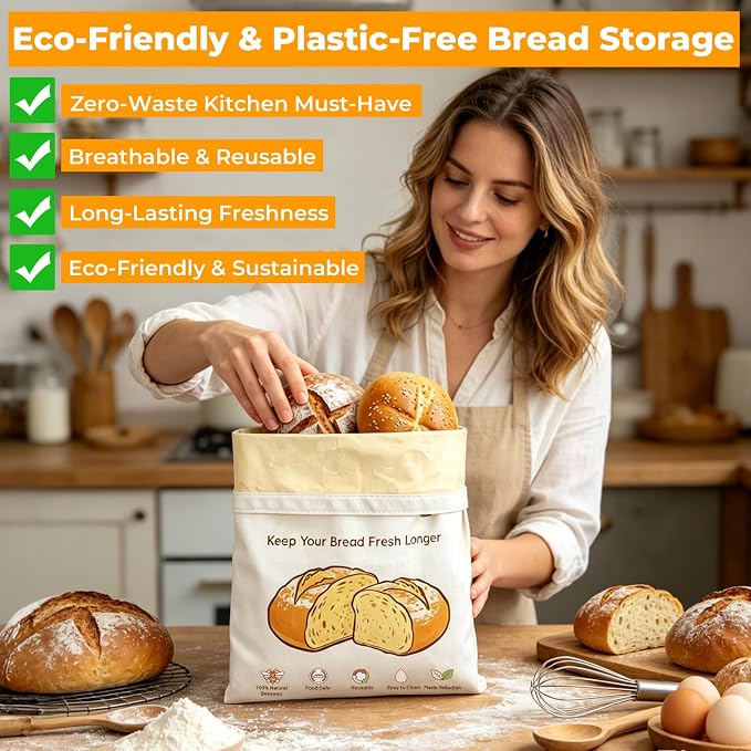 Beeswax Bread Bags for Sourdough & Homemade Bread, 2-Pack 17x13 Inches XL Reusable Bread Storage Bag, Keeps Loaves Fresh Longer, Freezer Safe, Gift for Bakers & Bread Lovers - Sustainable, Zero Waste