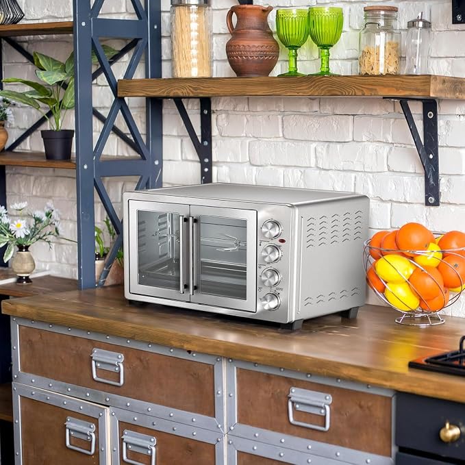 47.6 Quart French Door Countertop Convection Oven with Rotisserie, Stainless Steel Toaster Oven with Timer, Bake Tray, and Accessories