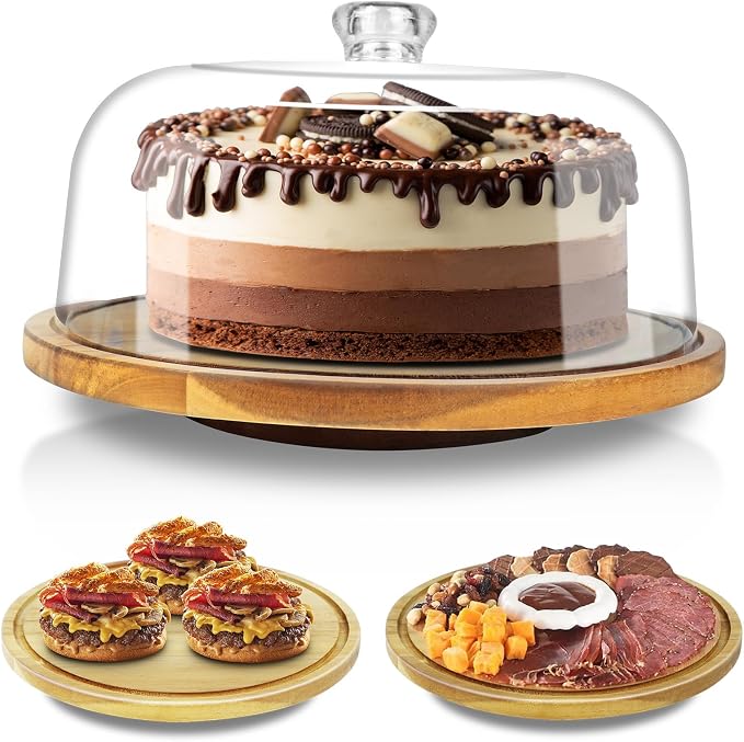 Cutesun Wood Cake Stand with Lid, 12in Acacia Wood Cake Plate with Cover, Wooden Cake Display Stand with Acrylic Dome (Not Glass), Cake Holder Tray for Wedding Gift，Kitchen,Birthday,Parties,Baking Gifts