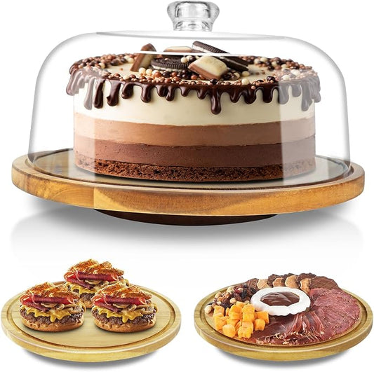 Cutesun Wood Cake Stand with Lid, 12in Acacia Wood Cake Plate with Cover, Wooden Cake Display Stand with Acrylic Dome (Not Glass), Cake Holder Tray for Wedding Gift，Kitchen,Birthday,Parties,Baking Gifts