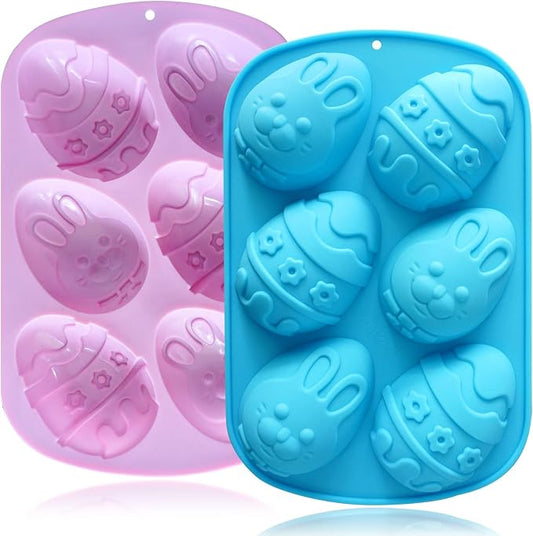 Egg Shape Silicone Molds 3.5 Inch, 2-Pack Chocolate Baking Holiday Easter Mould, Non-Stick BPA Free, Kid-Friendly Soap Mold Rabbit & Floral Designs, Blue & Pink