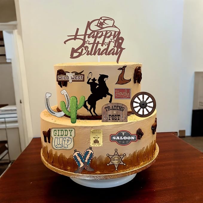 46 Pcs Cowboy Cake Toppers Glitter Cowboy Hat Cake Decorations Western Theme Happy Birthday Party Decoration for Boys Girls, Western Birthday Sign Decor Party Decor Party Supplies