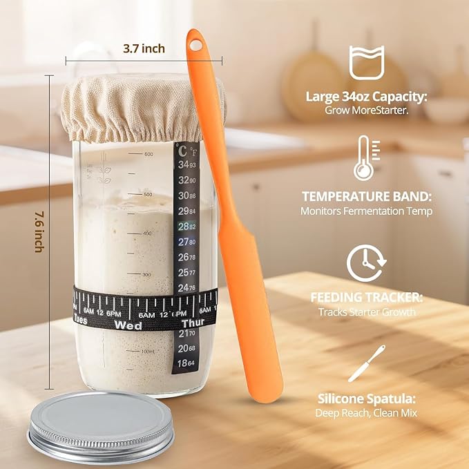 Sourdough Bread Starter Kit with 2 Banneton Proofing Baskets, 34oz Starter Jar, Dough Whisk, Scrapers, Bread Lame, Mat, Sling, Flour Duster & More – Sourdough Tools & Accessories Set