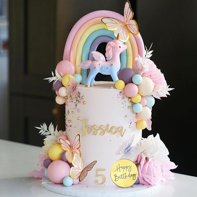 47 PCS Unicorn Cake Topper Unicorn Rainbow Cake Decorations with Rainbow Butterflies Unicorn Balls Happy Birthday Cake Decorations (Style 2)