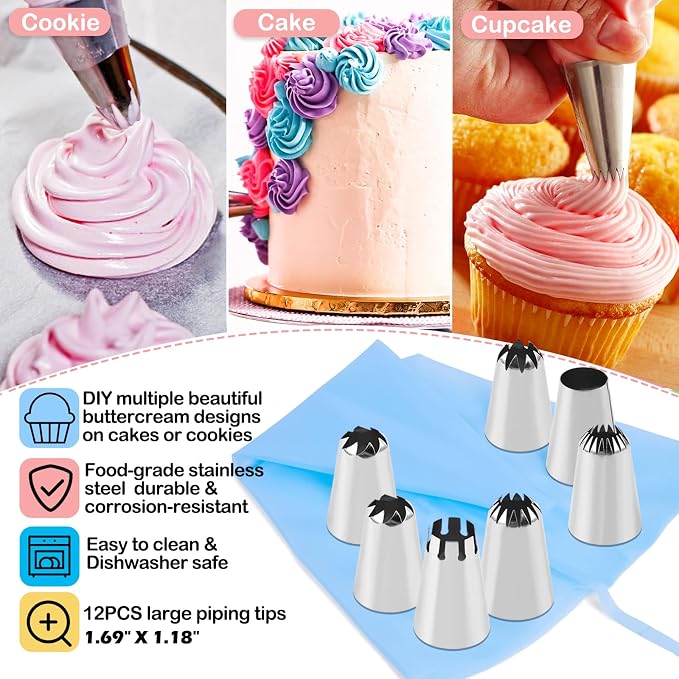 12PCS Large Piping Tips Set with Pastry Bag, Cake Decorating Tips for Cookie Cupcake Cake