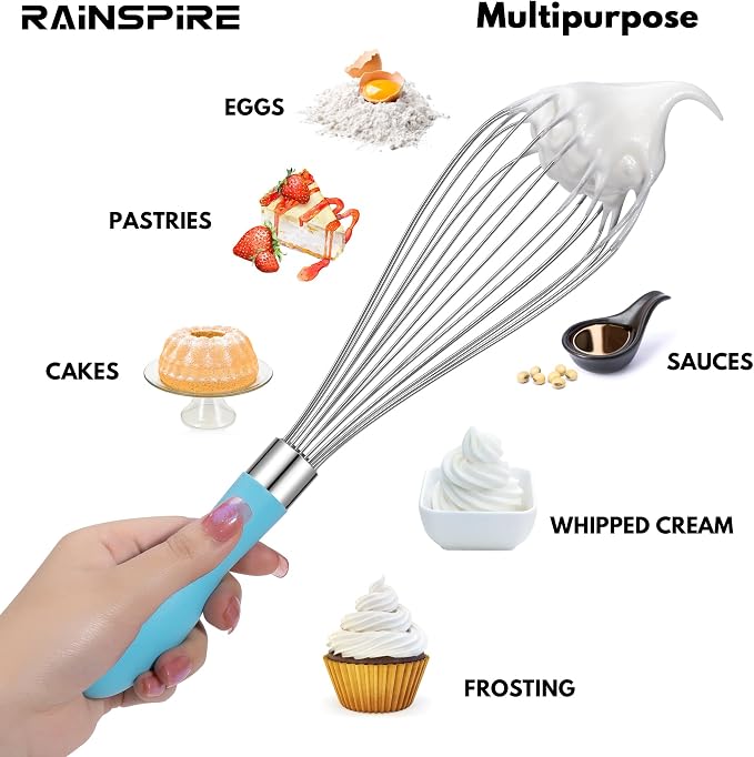 Rainspire 12-Inch Wire Whisk Stainless Steel, Balloon Whisks for Cooking, Wisk Wisking Tool With Soft Silicone Handle, Thick Durable Whisker for Blending, Beating, Whisking, Stirring, Blue