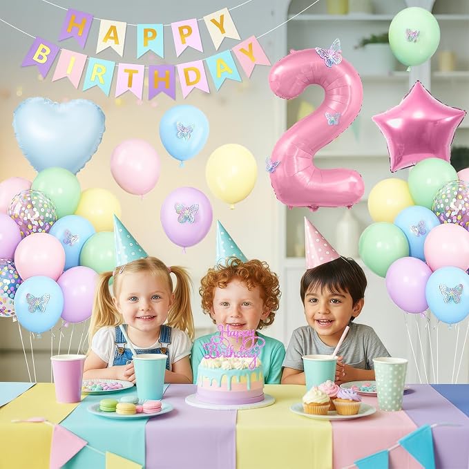 2nd Birthday Decoration for Girls,Easter Pastel Rainbow 2nd Balloon Number 2 Balloon Butterfly Stickers Star Heart Foil Balloons Banner for Baby 2 Year Old Party Decor