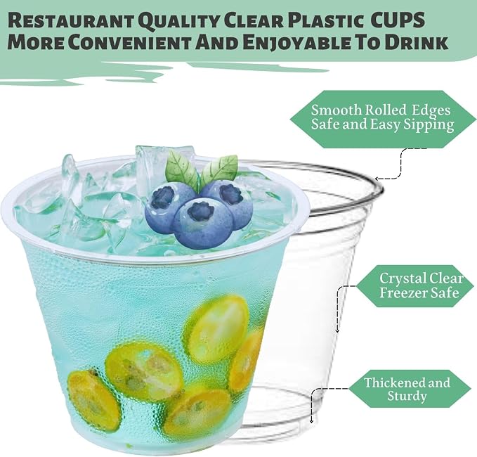 [50 Pack] 9 oz Clear Plastic Cups, Disposable Crystal Drinking Cups, PET Plastic Party Cups for Wedding, Cocktail, Thanksgiving, Christmas Day
