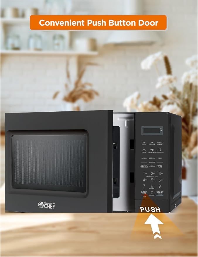 Commercial Chef 0.7 Cu. Ft. Countertop Microwave Oven, Touch Controls with Digital LED Display, 700W Small Microwave with 10” Turntable Plate, Push Button Door, 10 Power Levels, CHM7MB, Black