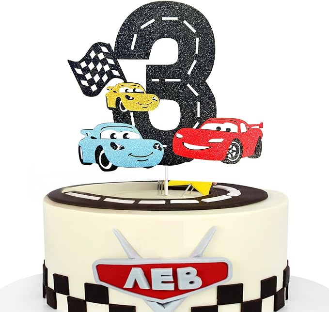MEMOVAN Race Car 3rd Cake Topper 3th Racing Car Birthday Cake Topper Decoration for Racing Car Checkered Flag Themed Girl Boy 3 Years Birthday Party Supplies Double Sided