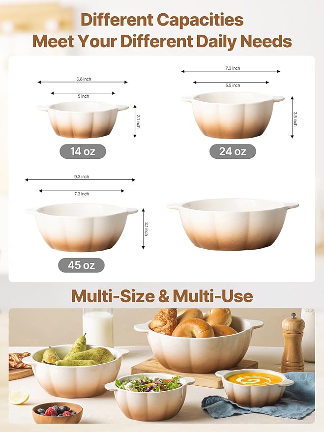 Ceramic Soup Bowls with Handles Set of 3, Kitchen Food Storage Bowls for Prepping and Baking, Cute Ramekins, Baking Dishes for Dessert, Salad, Ideal for Cooking and Serving, Mothers Day Gifts