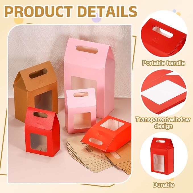 uxcell 8Pcs Gift Boxes, Favor Box with Clear Window and Handle, Stand Up Favor Treat Boxes for Candy, Cookies, Party Store, Packaging, Wedding, Red