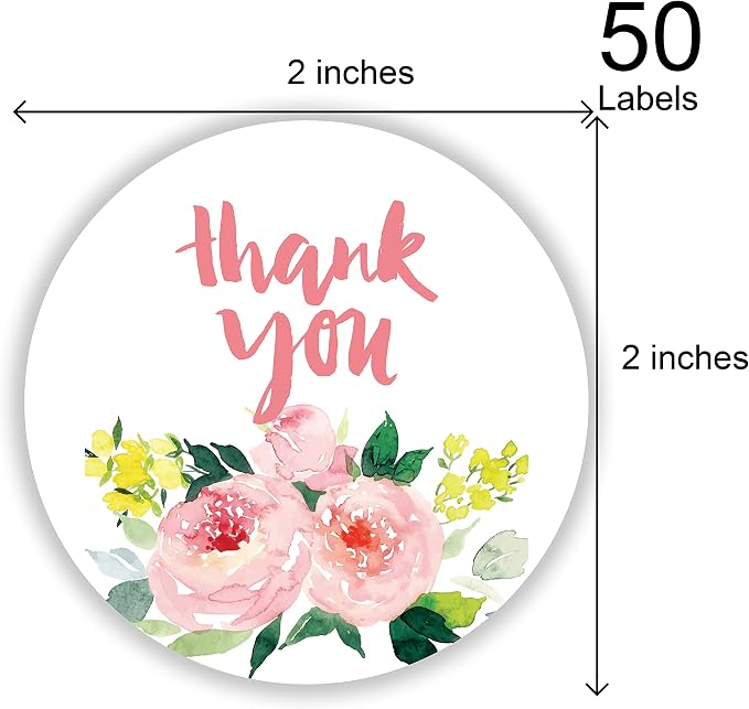 Pink Flower Thank You Stickers, 2 inch 50PCS Self-Adhesive Thank You Labels Great for Wedding, Small Business, Bakeries, Handmade Goods, Birthday Party Favors Labels & Mailing Supplies.