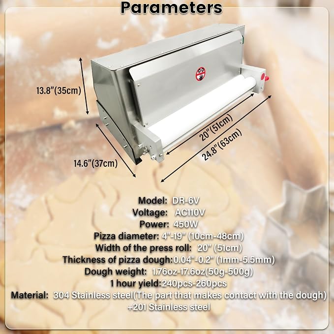 Electric Dough Roller Sheeter Dough Rolling Machine 4"-19" Pizza Dough Press Machine Single Roller Design for Pie Crusts, Pitas, Tortillas and Flat Breads 110V