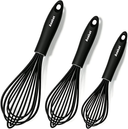 Anaeat Silicone Balloon Whisk, Perfect for Non-Stick Cookware, Milk and Egg Beater Blender, Heat Resistant Kitchen Whisks for Whisking, Cooking, Baking, Beating, Frothing & Stirring (Black)