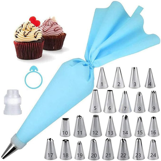 Piping Bags and Tips Set 27 Piece, 24 Stainless Steel Nozzles with Reusable TPU Piping Bag, Coupler and Silicone Tie, Bag 11.81 x 6.69 in, for Cupcakes Cookies and Filling