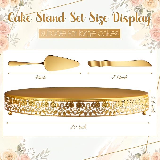Wenqik 20 Inch Gold Cake Stand Set Metal Round Cupcake Dessert Stand with Cake Cutting, Flower Spatula Wedding Cupcake Pastry Display Candy Holder Display for Wedding Party Birthday Baby Shower
