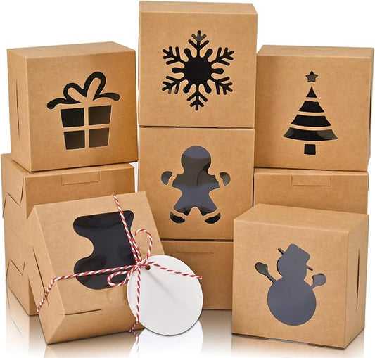COTOPHER 18Pcs Christmas Cookie Boxes with Window, 4x4x2.5 inch Brown Bakery Boxes for Gift Giving, Mini Cake Boxes Holiday Pastries Boxes for Cakes Muffins Donuts Chocolate Strawberries