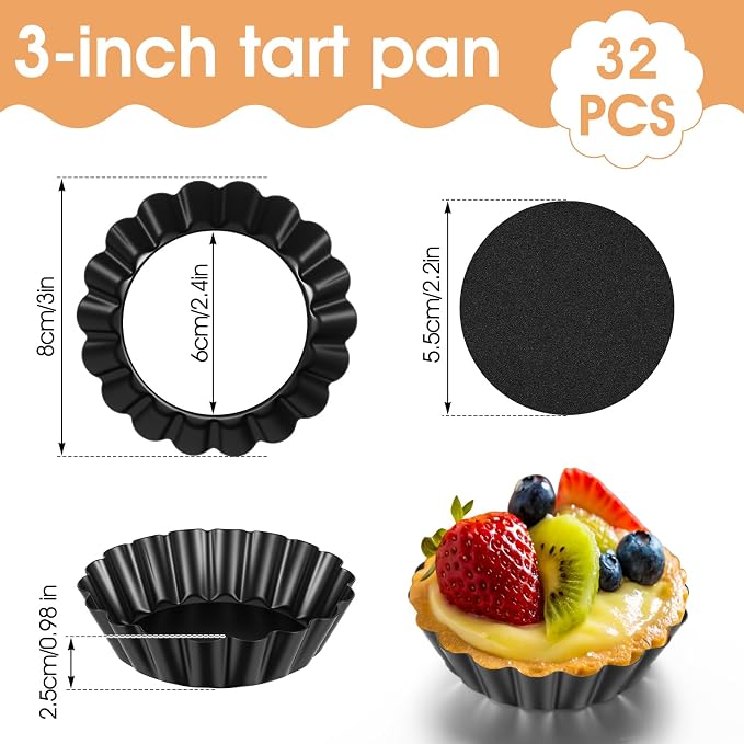 32 Pcs Mini Tart Pans Egg Tart Molds with Removable Bottom Round Nonstick Quiche Pan Mini Pans Quiche Bakeware Mold Fluted Side