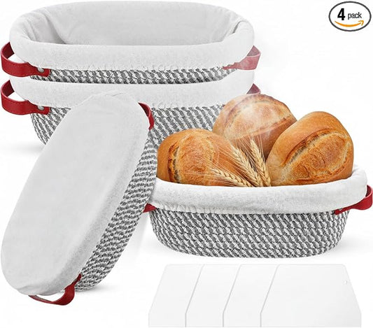 Gejoy 4 Pcs 10 Inch Cotton Rope Banneton Bread Proofing Basket Set Oval Bread Baskets with Liners & Covers Proofing Baskets for Sourdough Baking with 4 Strickle for Home Bakers Wife Mom(Grey, White)