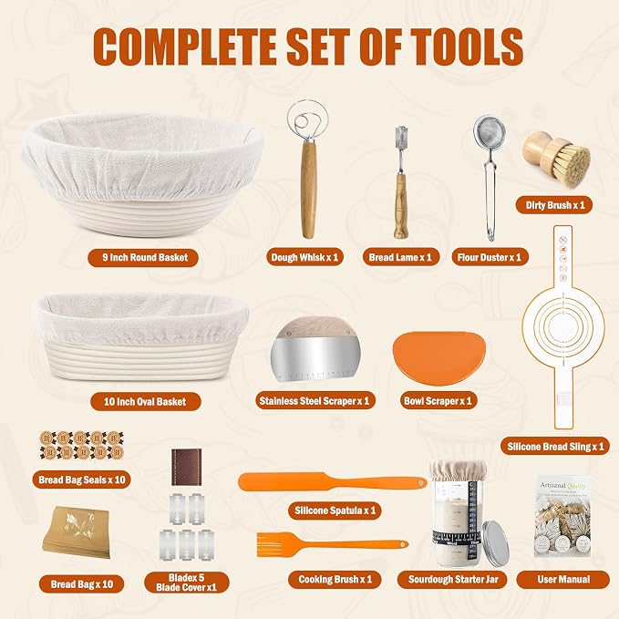 28 PCS Sourdough Starter Kit, Bread Baking Supplies with Banneton Proofing Basket, Dough Whisk, Bread Lame, Silicone Baking Sling and Dough Scraper