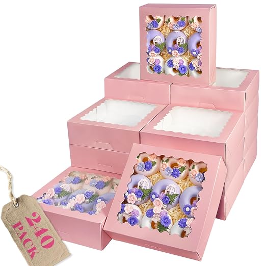 Bakepacker 240pcs Pink Pie Boxes 8"x 8"x 2.5" Easy Assemble Macaroon Cookie Boxes Bakery Boxes with Window for Bakery (Auto-pop Up)