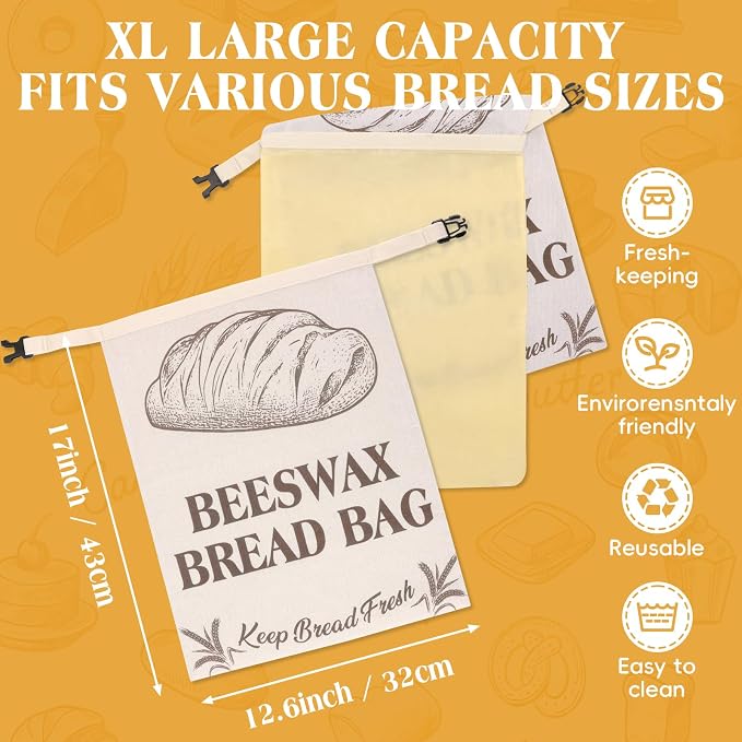 Natural Beeswax Bread Bags for Sourdough and Homemade Bread, Reusable Bread Storage Bags, XL Large Capacity, Freshness Keeping and Freezer Safe, 2 Pack | All Natural Beeswax