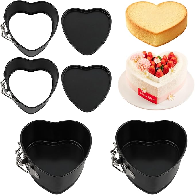 Heart Springform Pans 4 Inch, Set of 4 Mini Cheesecake Pans, Nonstick | Removable bottom, Spring latch release, Carbon steel with nonstick coating, Oven safe 445F, Hand wash recommended